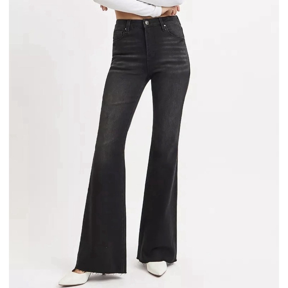 RISEN Women's Jeans 25 Flare Raw Hem Blk Pants Stretch Festival Boho